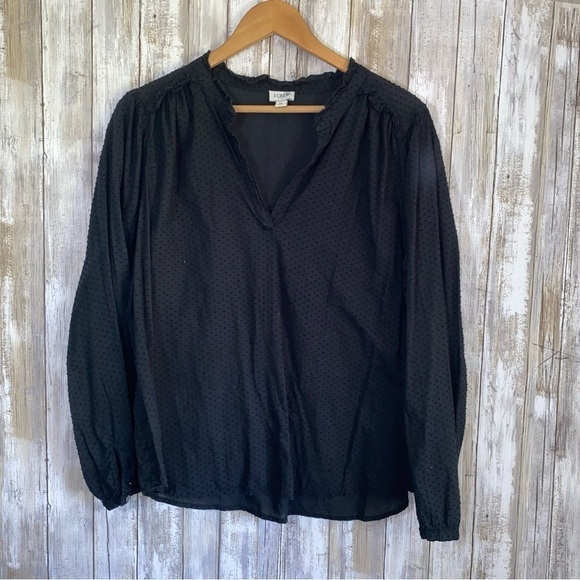 J. Crew Tops - J.Crew Black Textured Swiss Dot Blouse Long Sleeve XL Cotton Top